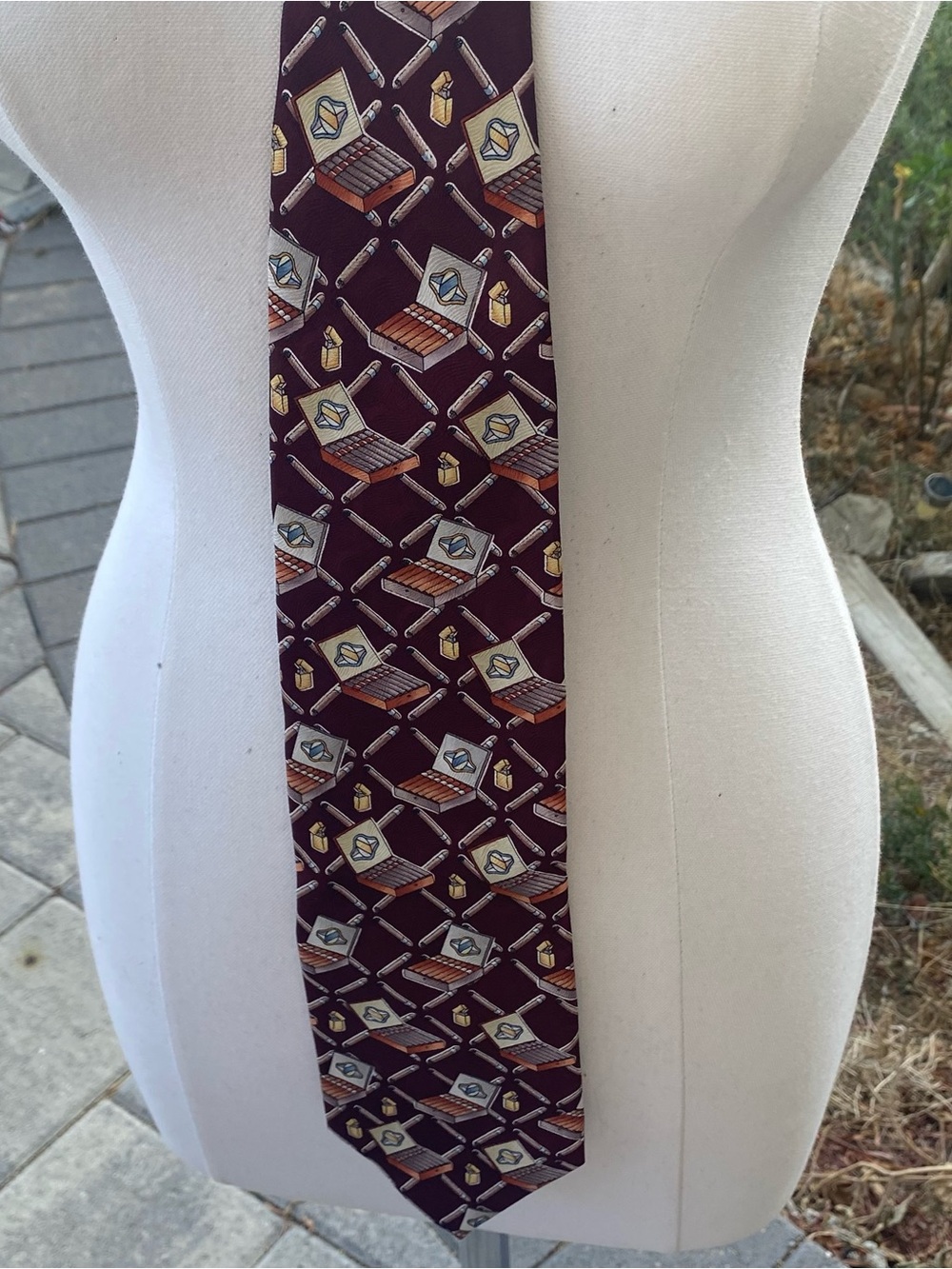 Roffe Men's Burgundy Novelty Print Tie - Cigar/Cigar Box Pattern 100% Silk